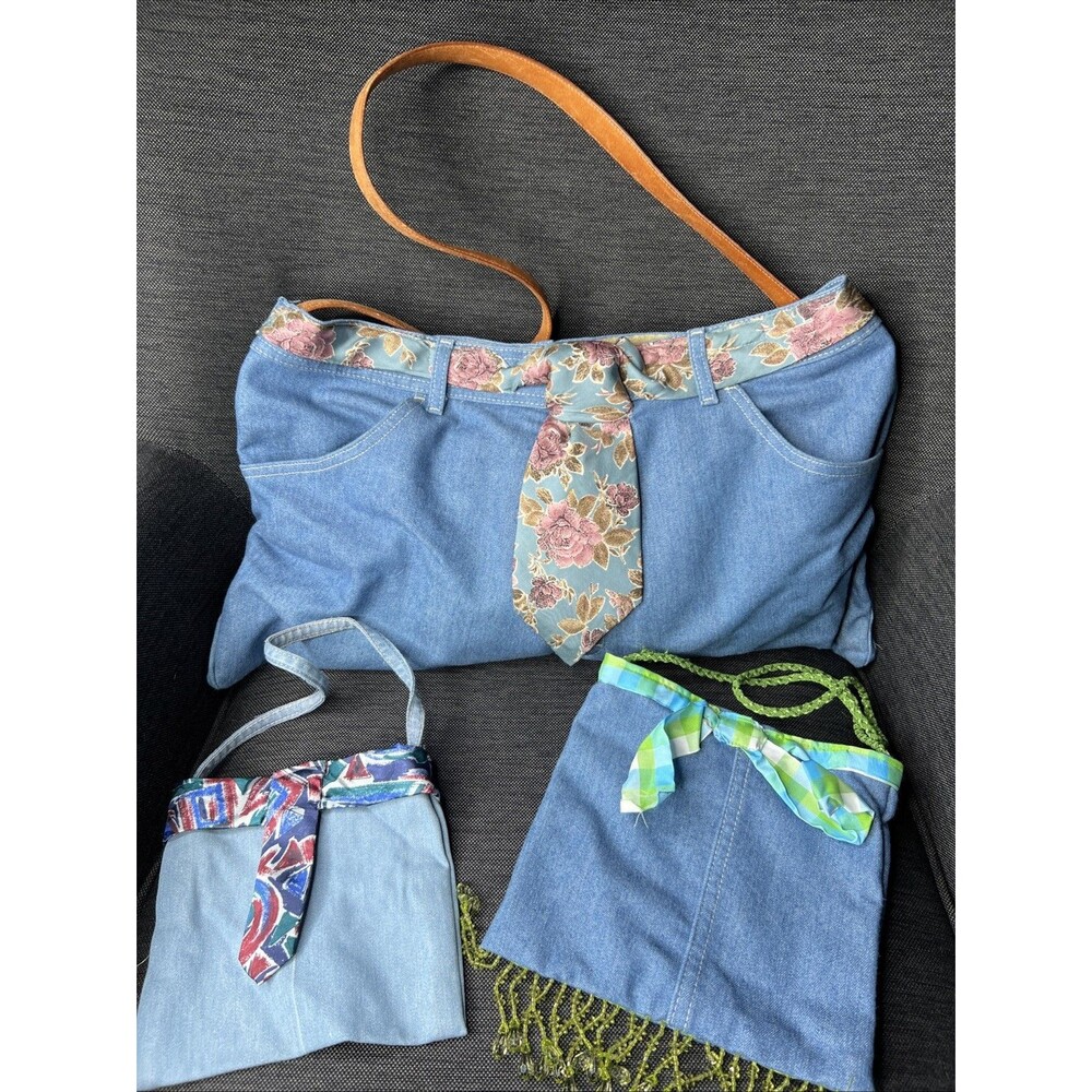Handmade Upcycled Denim Purse Set of 3 Blue Jeans Leather Belt Strap Tie Beads